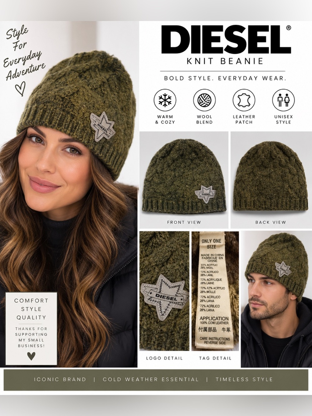Diesel Cable Knit Beanie One Size Olive Green Wool Blend Leather Logo Patch